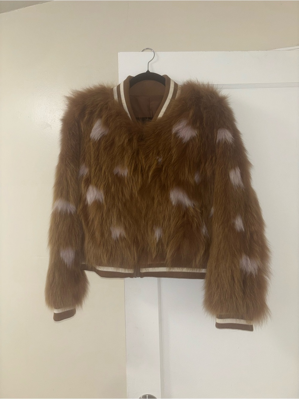 100% Genuine Fox Fur Brown Bomber Jacket with pink Spots